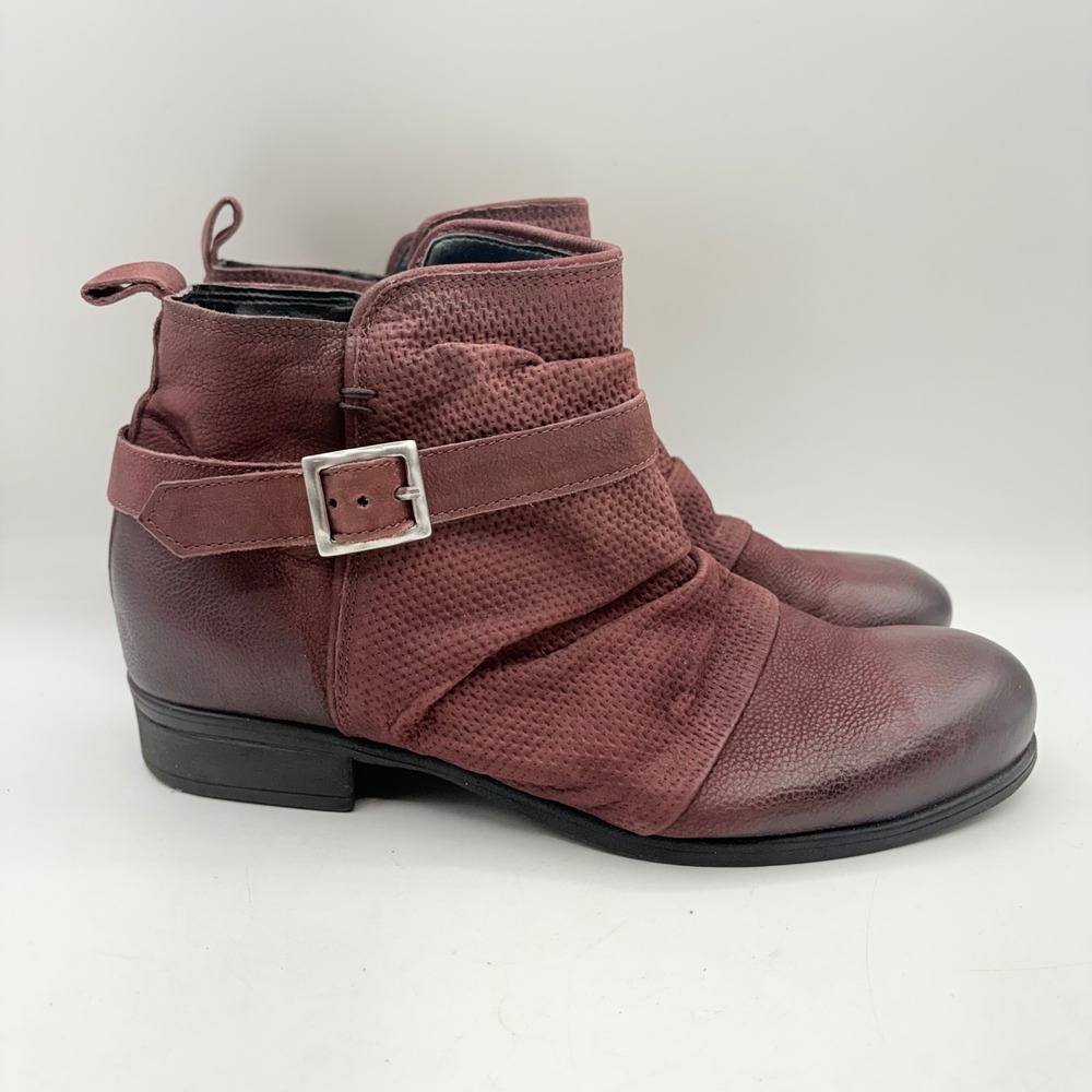 Miz Mooz‎ Suzy Wide Burgundy Leather Ruched Ankle Boots Buckle Zip Womens 42